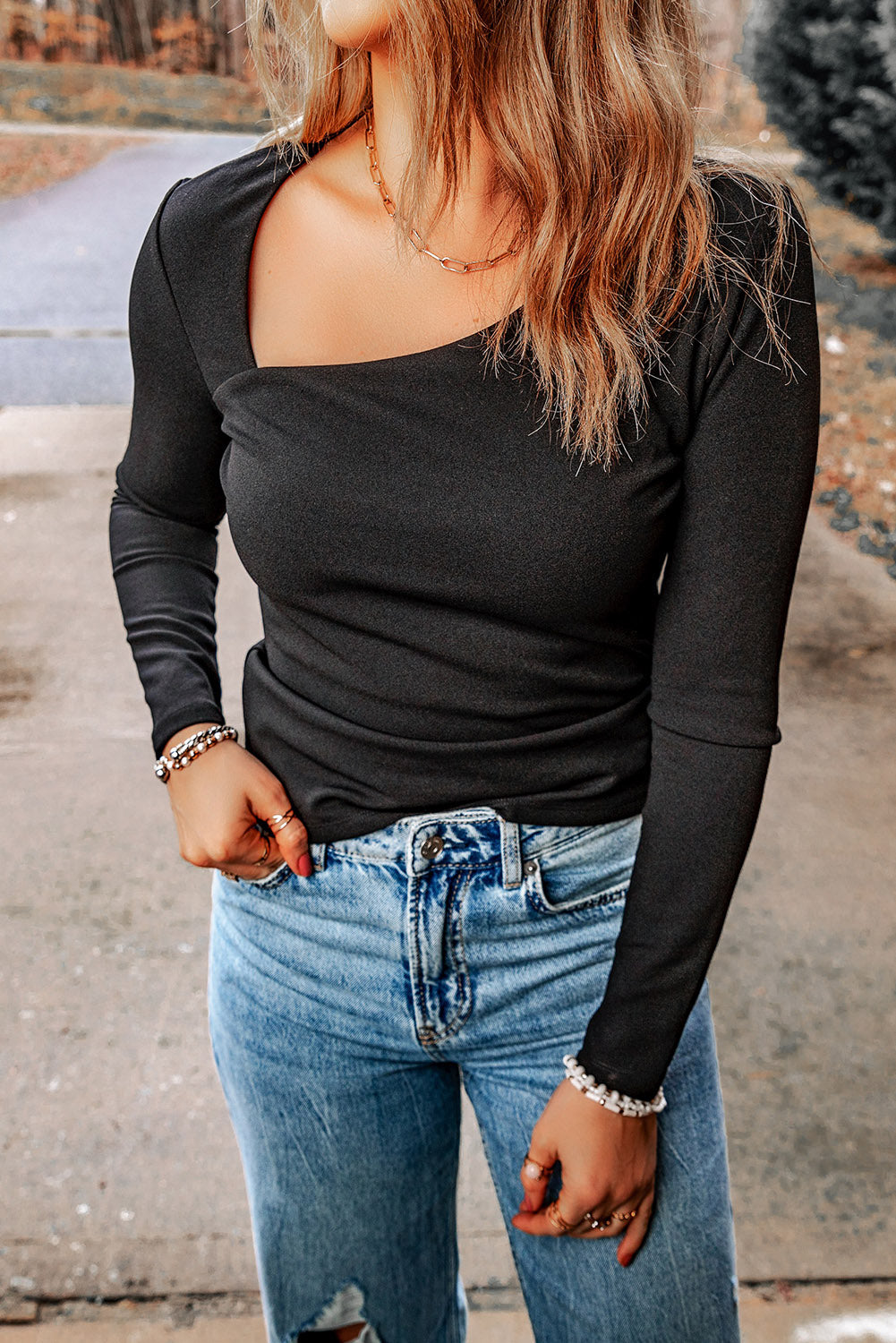 Black Asymmetric Neckline Slim Fit Long Sleeve Top