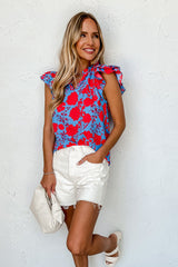 Red Floral Ruffled Cap Sleeve V-Neck Shift Blouse