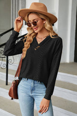 Black Pleated V Neck Jacquard Long Sleeve Top