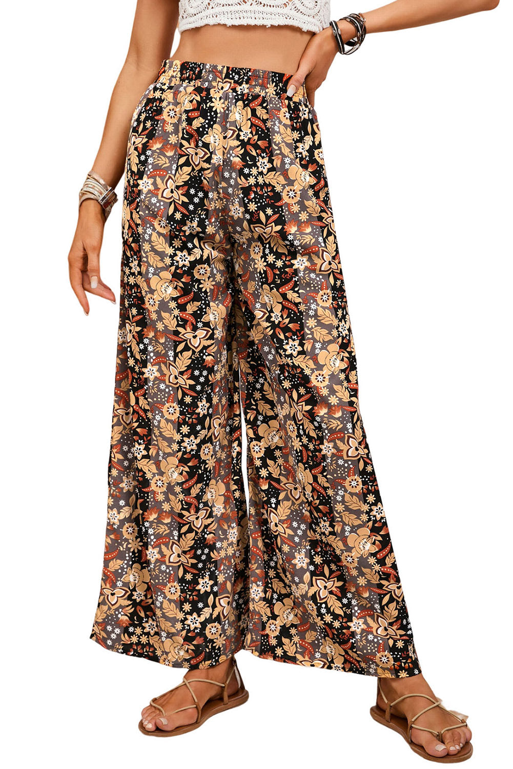 Black Floral Print High Waist Wide Leg Pants