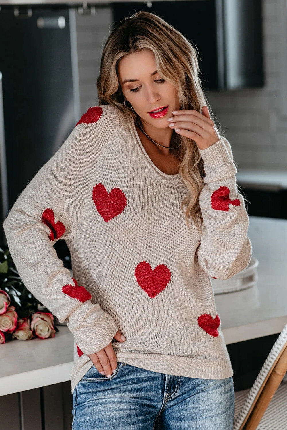 Red Heart Pattern V Neck Knit Sweater