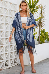 Blue Tie Dye Short Sleeves Tassels Kimono