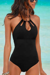 Black Hollow Out Beaded Halter Neck One-piece Swimsuit