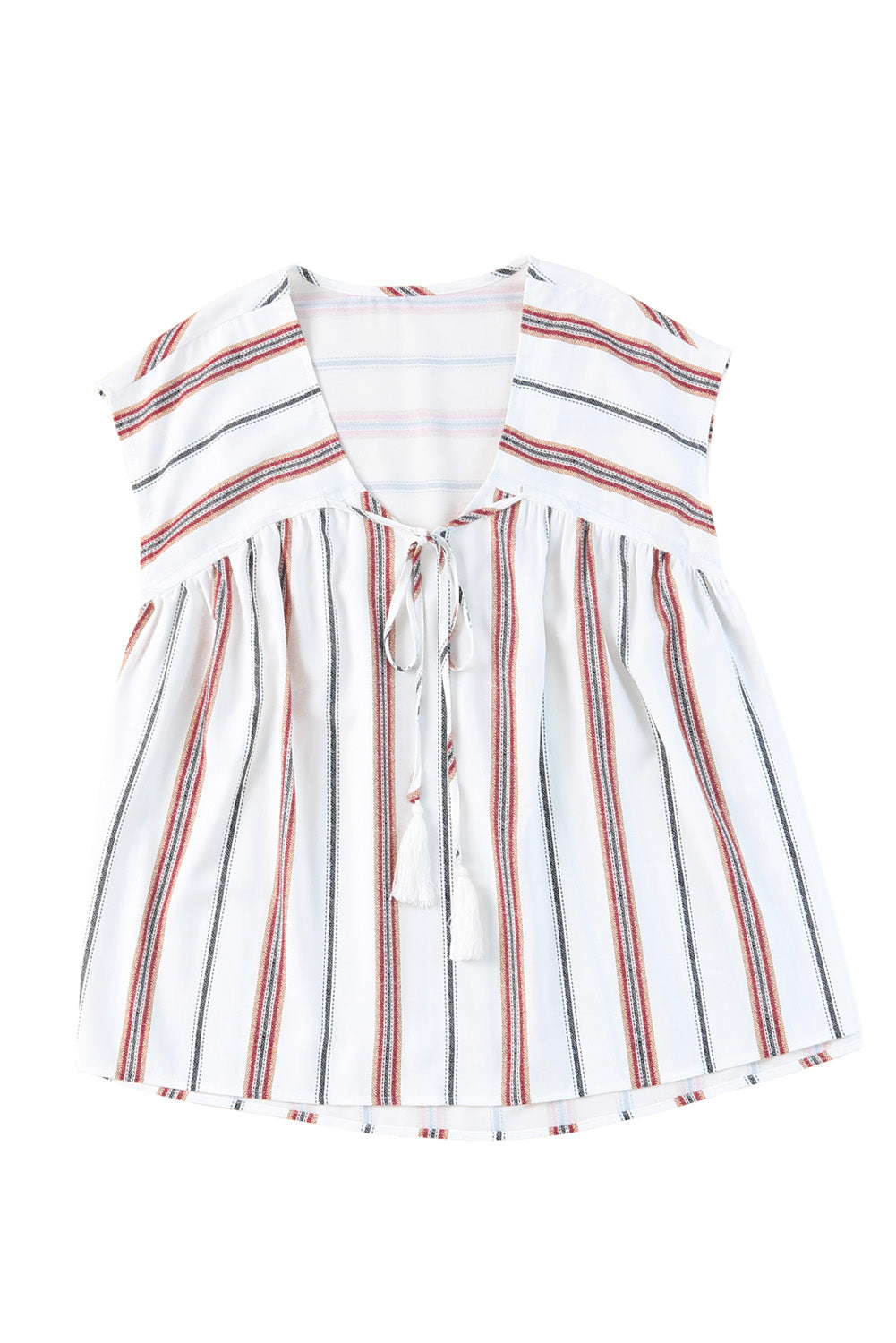 White Striped Print Loose V Neck Short Sleeve Top