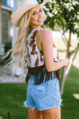 White Cow Printed Fringe Hem Tank Top