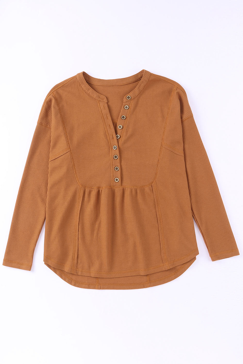 Brown Waffle Knit Half Button Henley Top