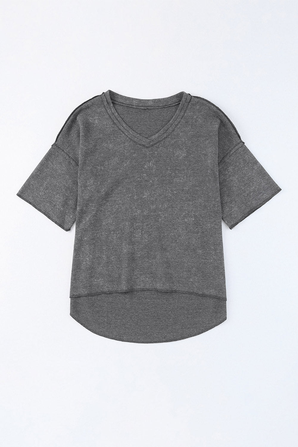 Gray Waffle Knit Seamed Half Sleeve V Neck Top