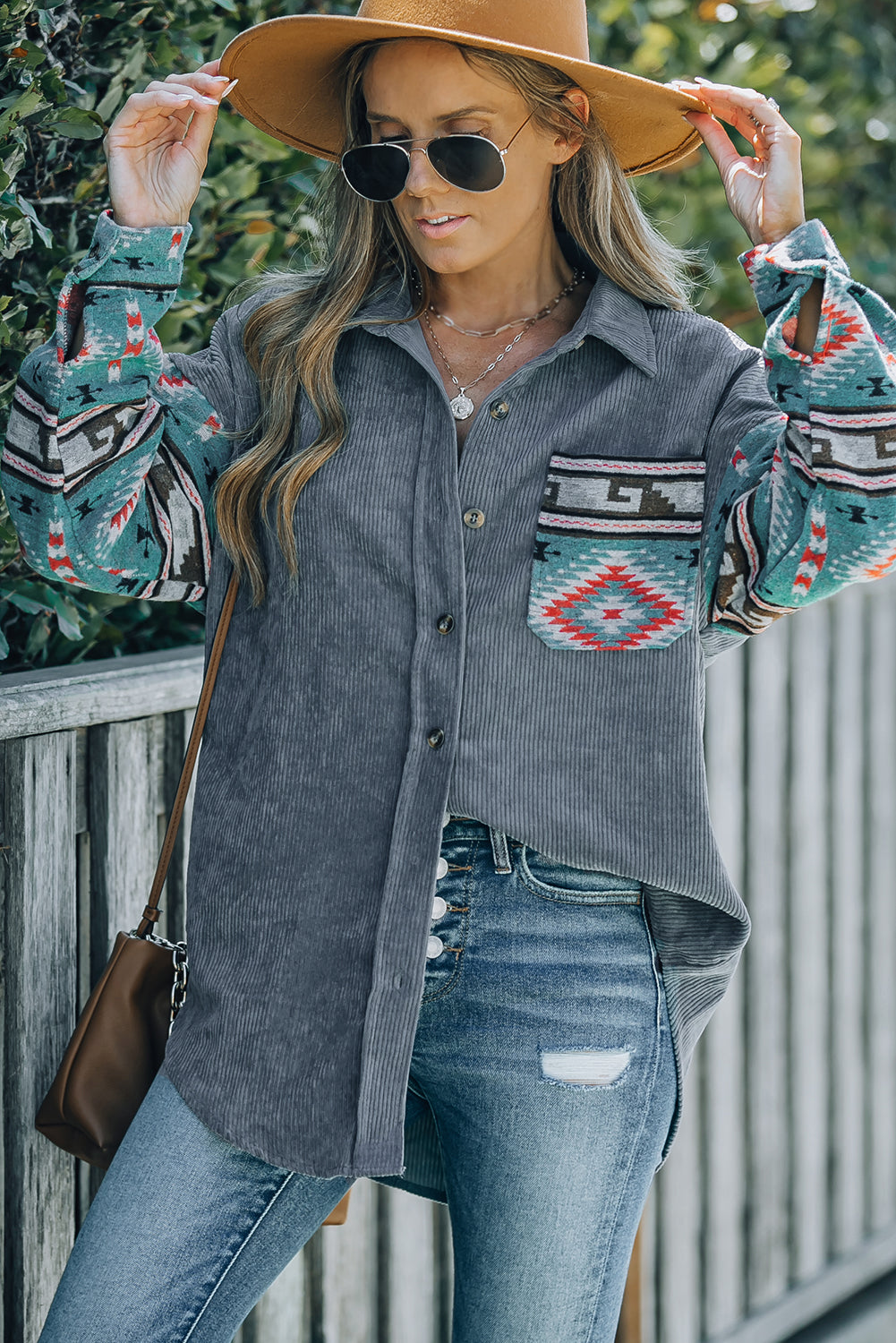 Gray  Aztec Pattern Sleeve Pocketed Corduroy Shacket
