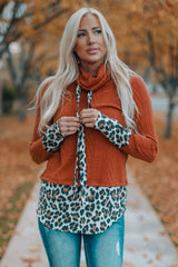 Leopard Patchwork Cowl Neck Knit Top