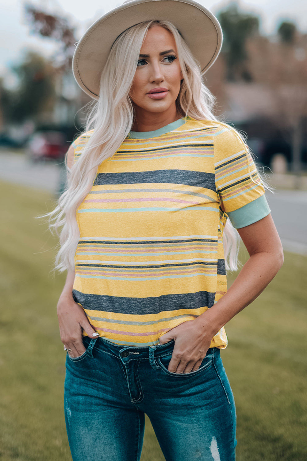 Multicolor Stripes Crew Neck T Shirt