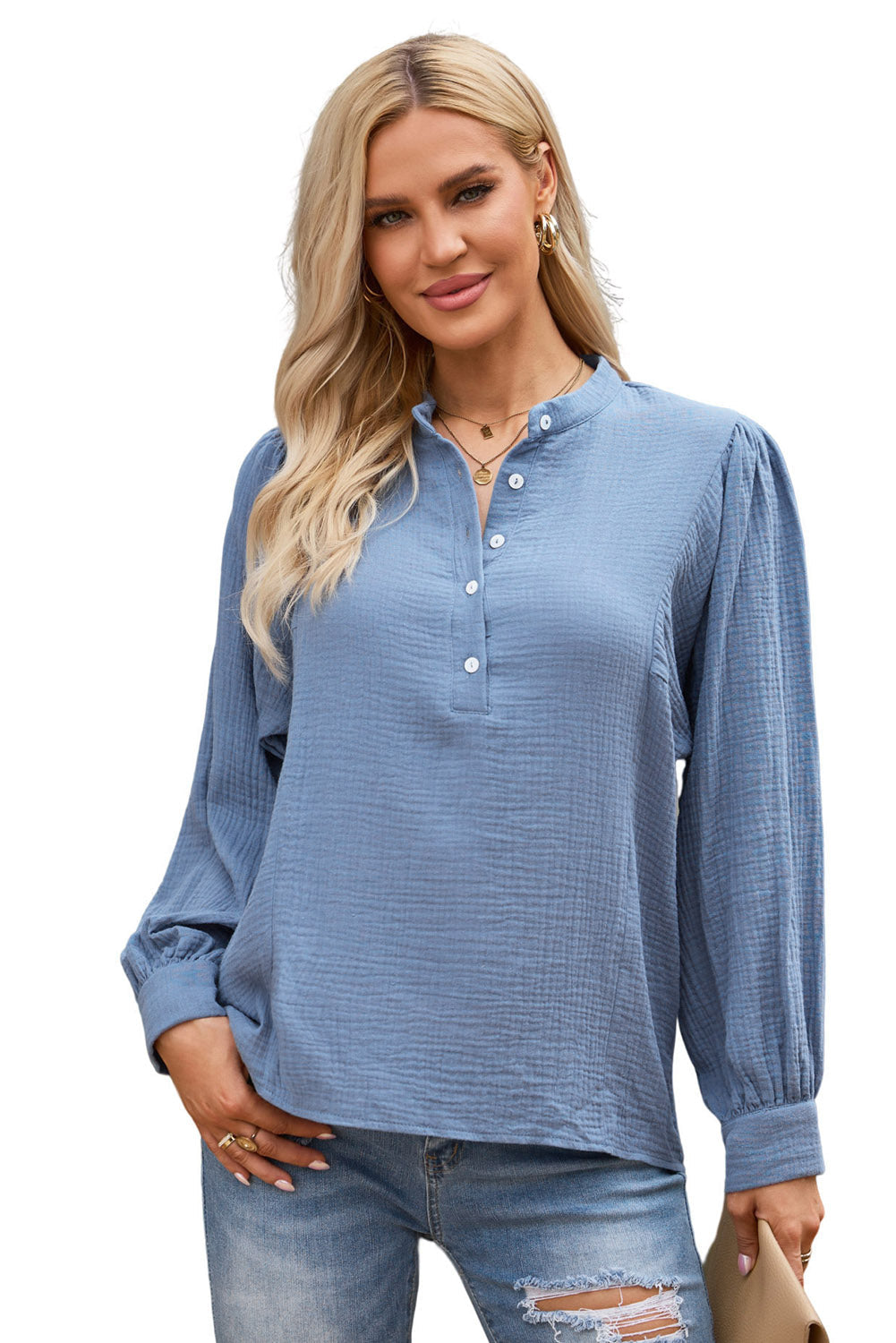 Blue Solid Textured Buttoned Front Bubble Sleeve Blouse