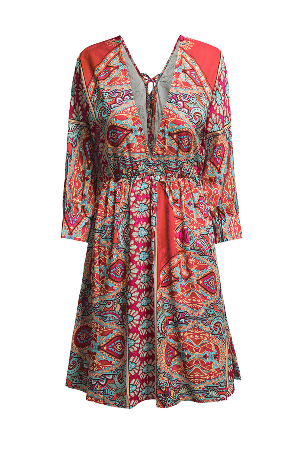 Multicolour V Neck 3/4 Sleeve Bohemian Vintage Print Mini Dress