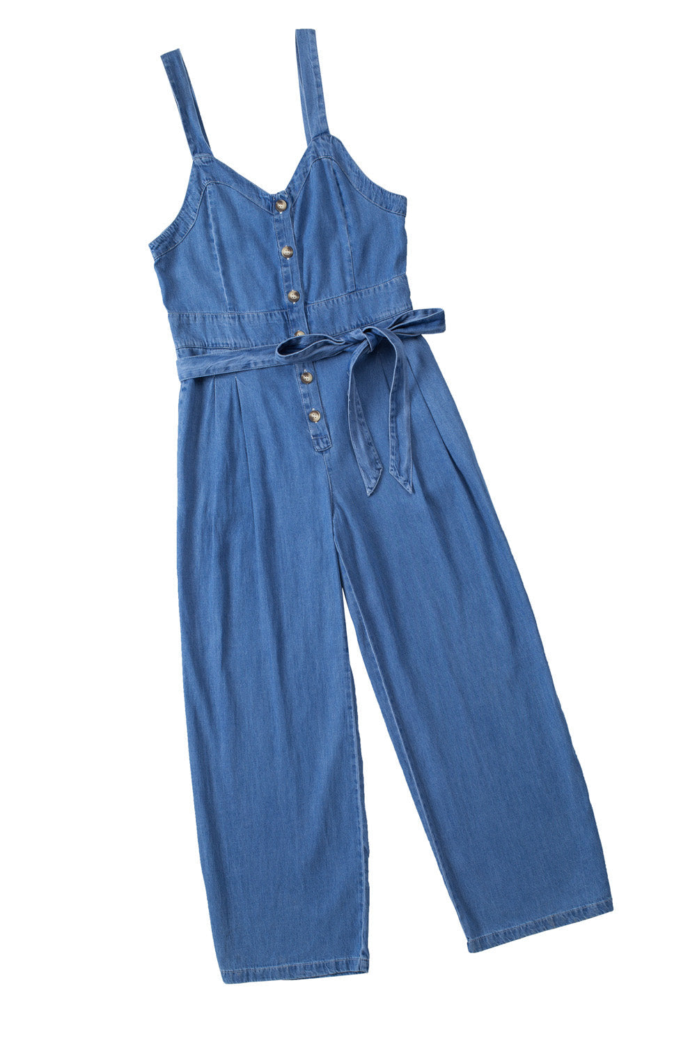 Sky Blue Buttoned Wide Leg Belted Chambray Strappy Jumpsuit