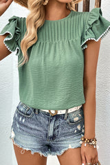 Green Pleated Pom Pom Trim Ruffled Sleeve Blouse