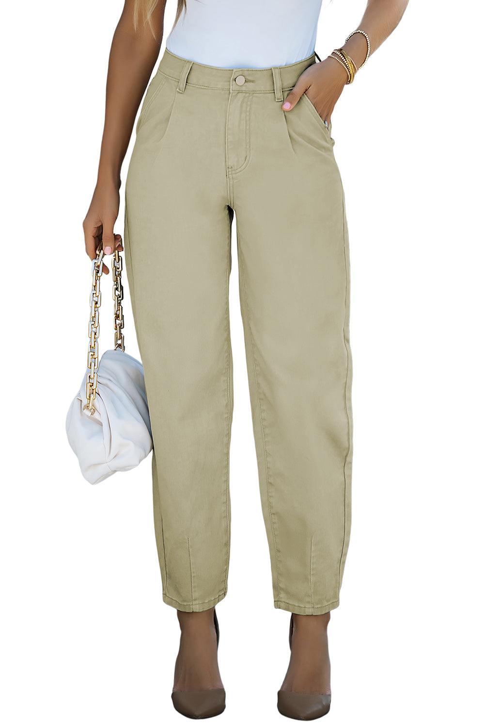 White Solid High Waist Casual Pants