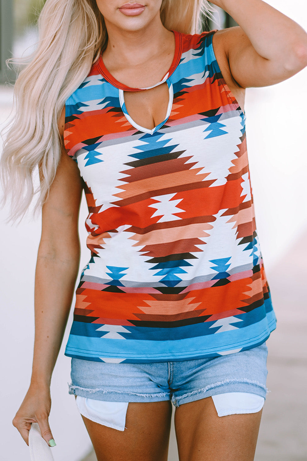 Red Aztec Geometric Print Hollowed Neckline Tank Top