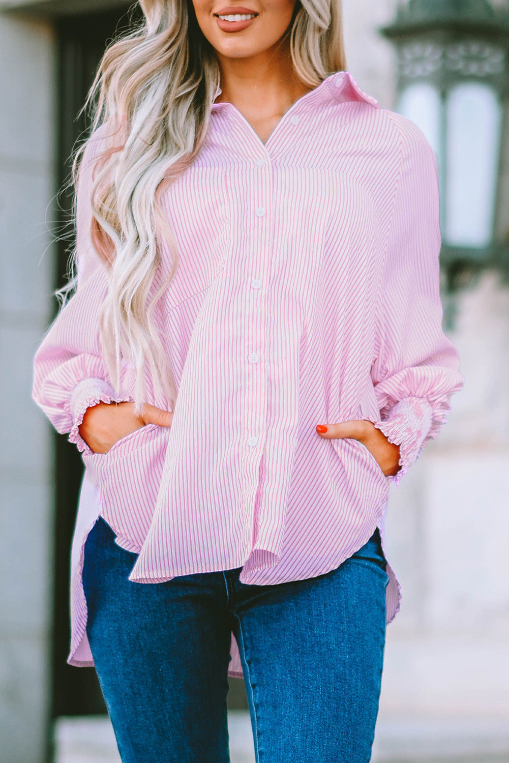 Smocked Cuffed Striped Boyfriend Shirt with Pocket