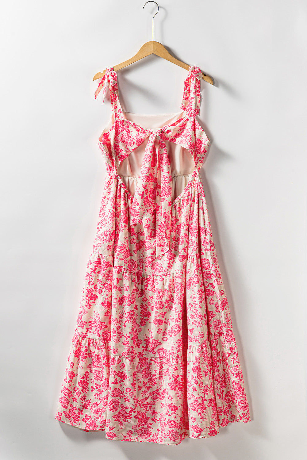 Pink Gingham Floral Tie Shoulder Maxi Dress