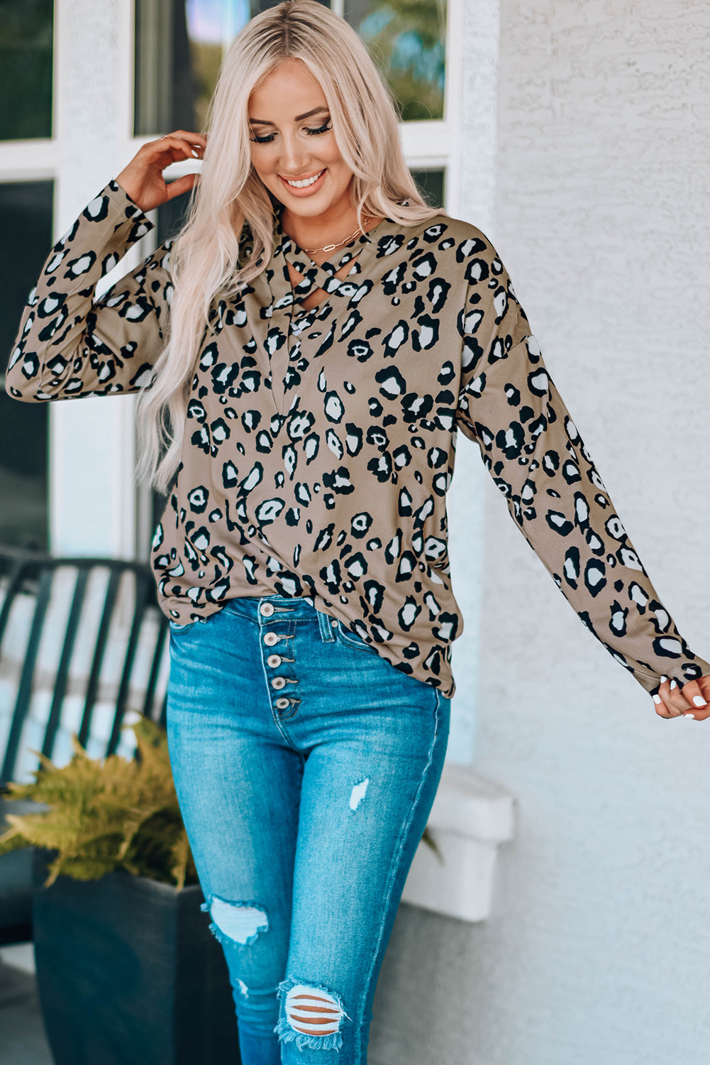 Leopard Crisscross V Neck Leopard Long Sleeve Tops