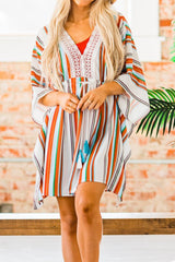 Multicolor Striped Lace V Neck Wide Sleeves Cinched Swimsuit Cover up