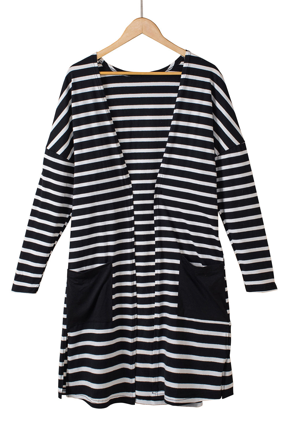 Black White Striped Pocketed Long Cardigan