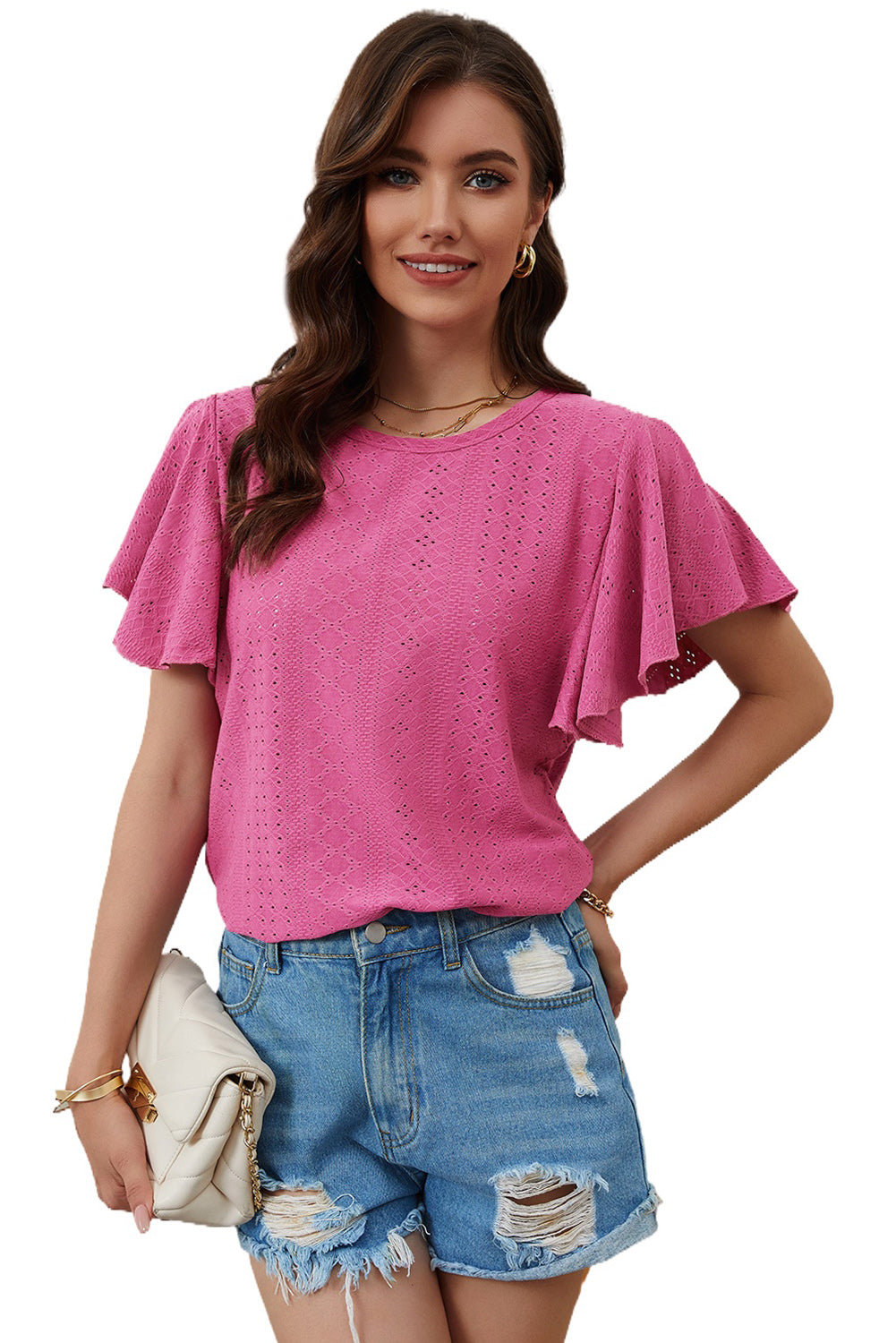 Rose Flutter Sleeve Eyelet Textured Top