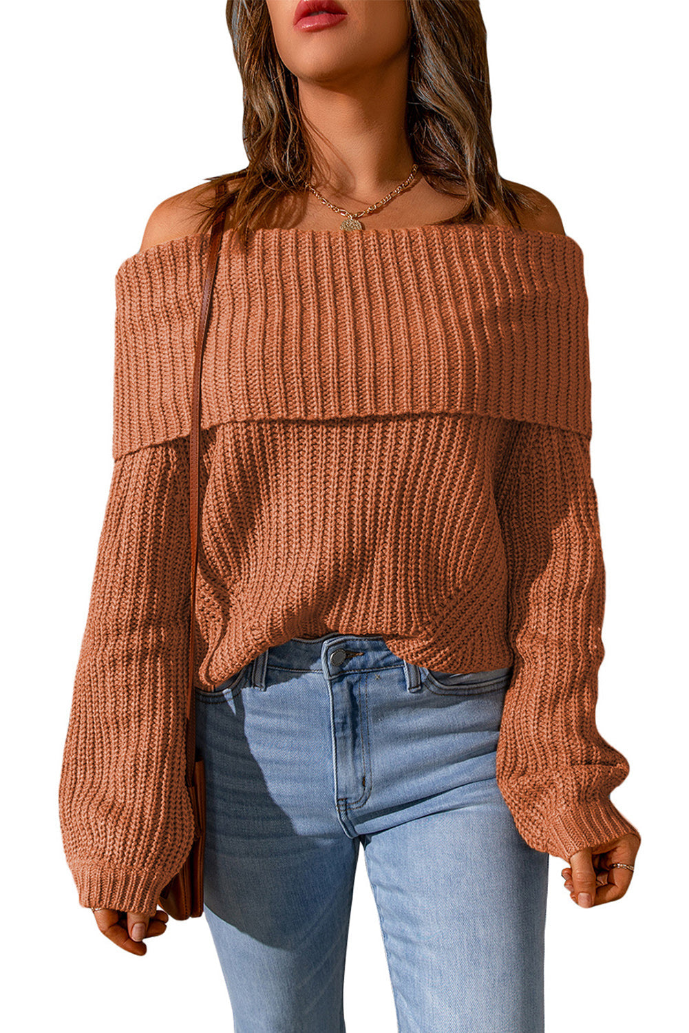 Brown Ribbed Knit Off Shoulder Sweater