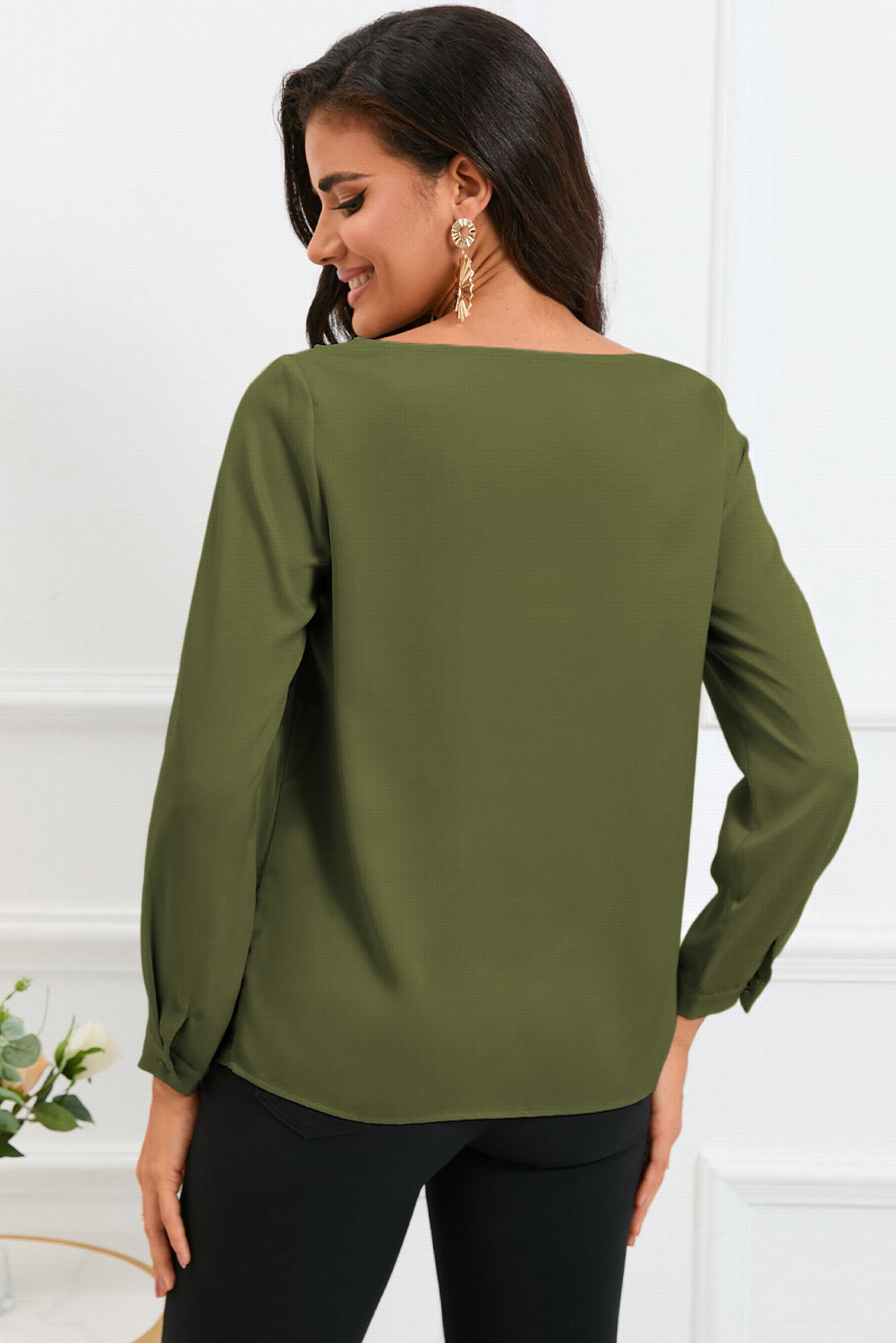 Apricot Solid Asymmetric V Neck Long Sleeve Satin Blouse