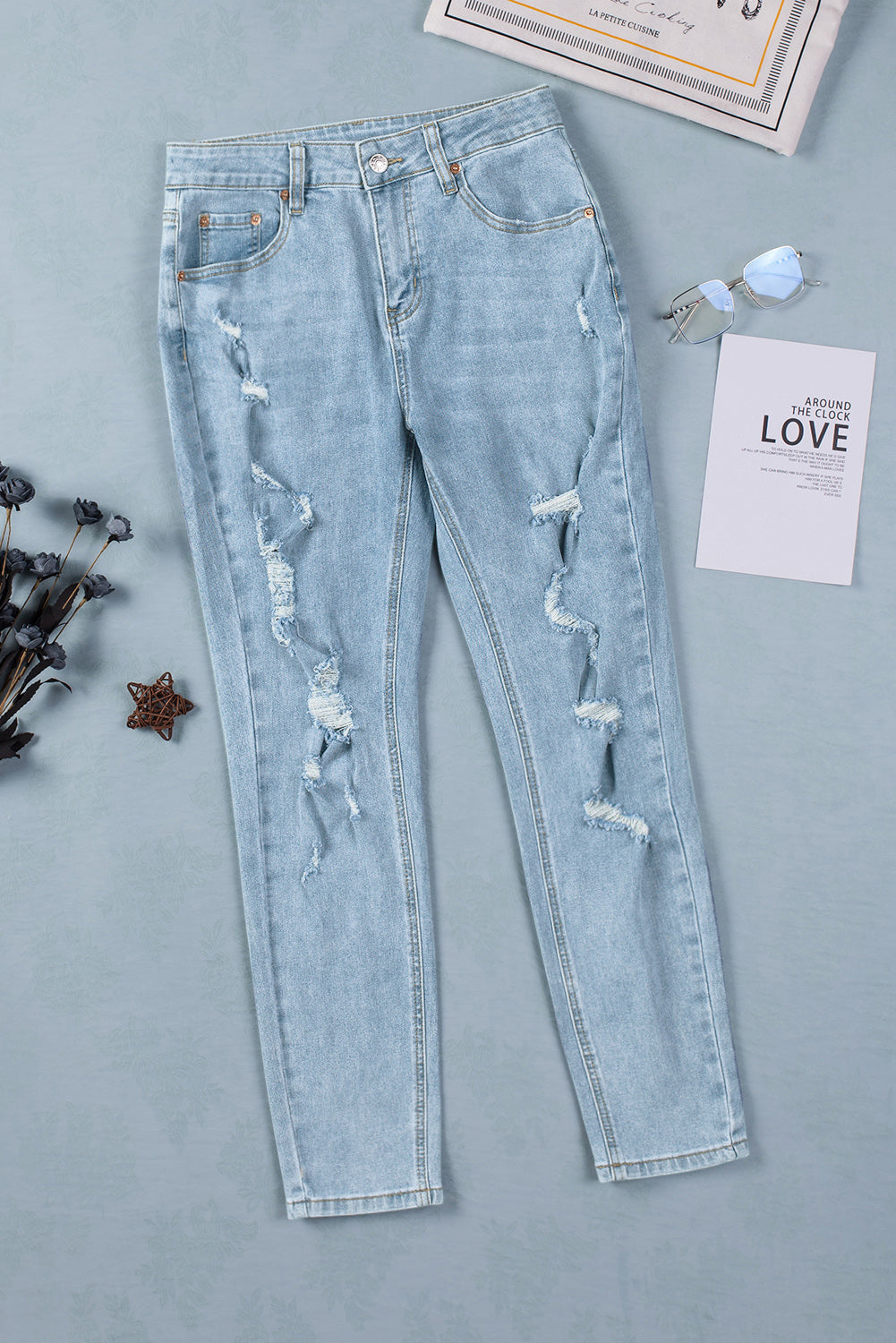 Sky Blue Light Wash Distressed Straight Jeans