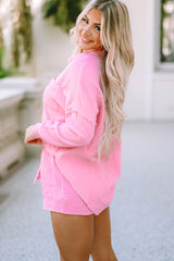 Pink Crinkle Frayed Long Sleeve Shirt and Casual Shorts Set