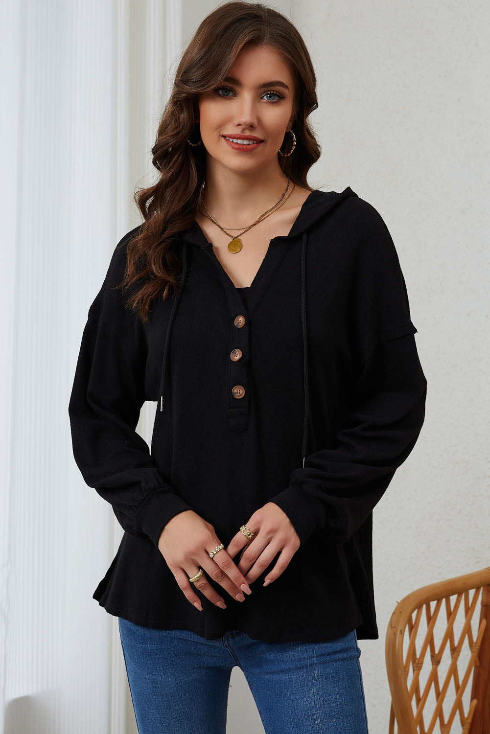 Buttoned High and Low Hem Hoodie