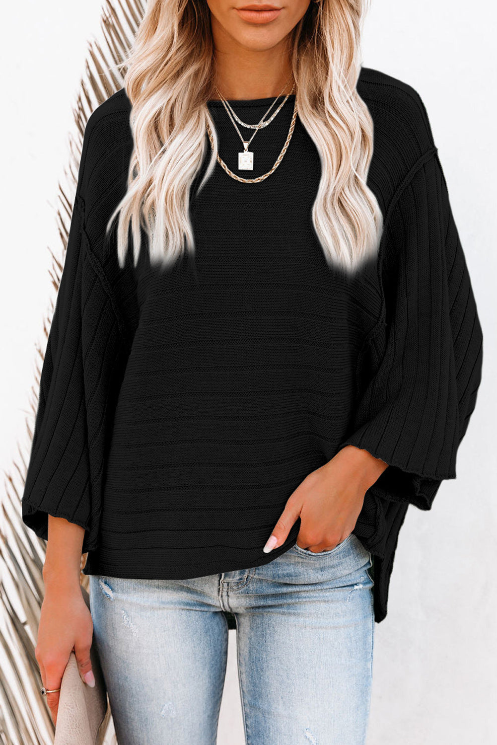 Black Exposed Seam Ribbed Knit Dolman Top