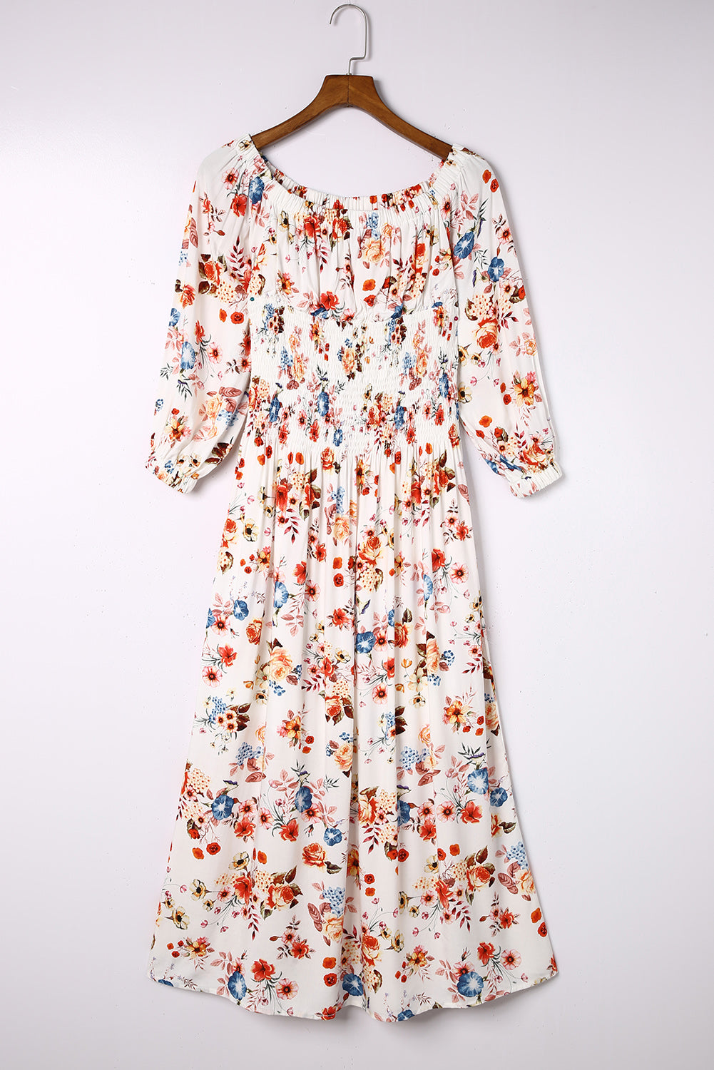 White Off Shoulder Smocked Waist Floral Dress