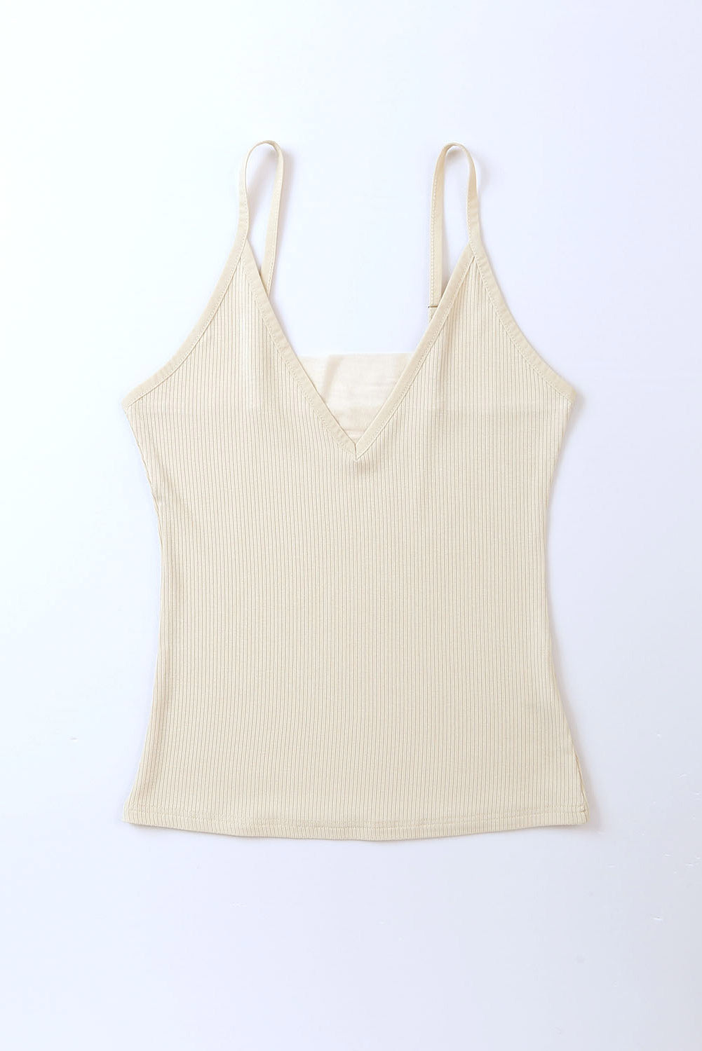 Beige Mesh Patch V Neck Ribbed Knit Tank Top