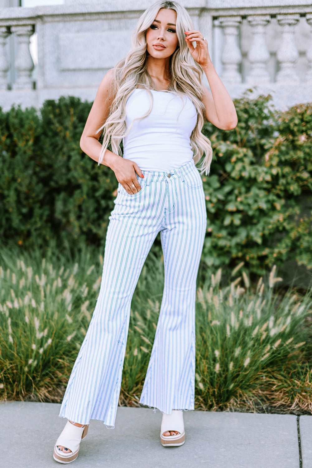 White High Waist Striped Print Flared Pants