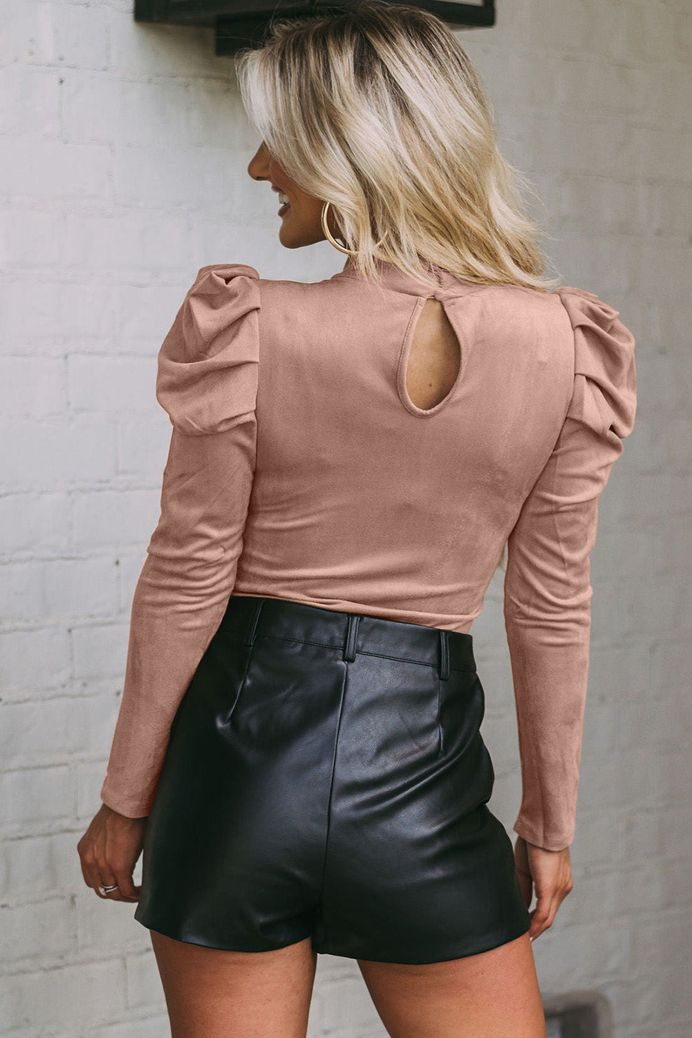 Brown Puff Sleeve Suede Bodysuit
