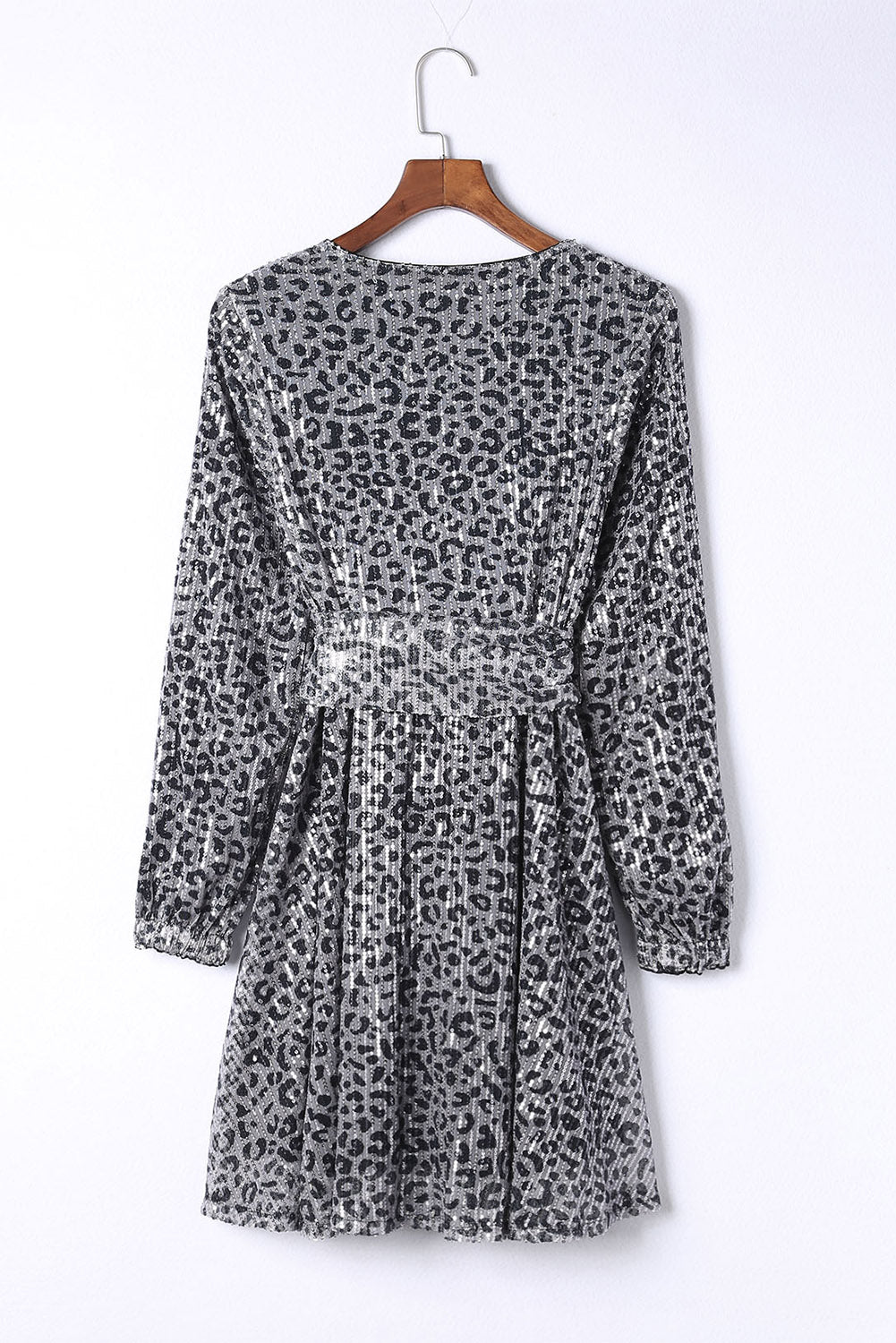 Gray Leopard Sequins V Neck Wrap Dress with Tie