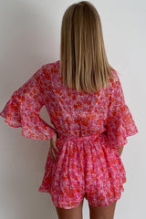 Pink V Neck Ruffled Sleeve Floral Romper