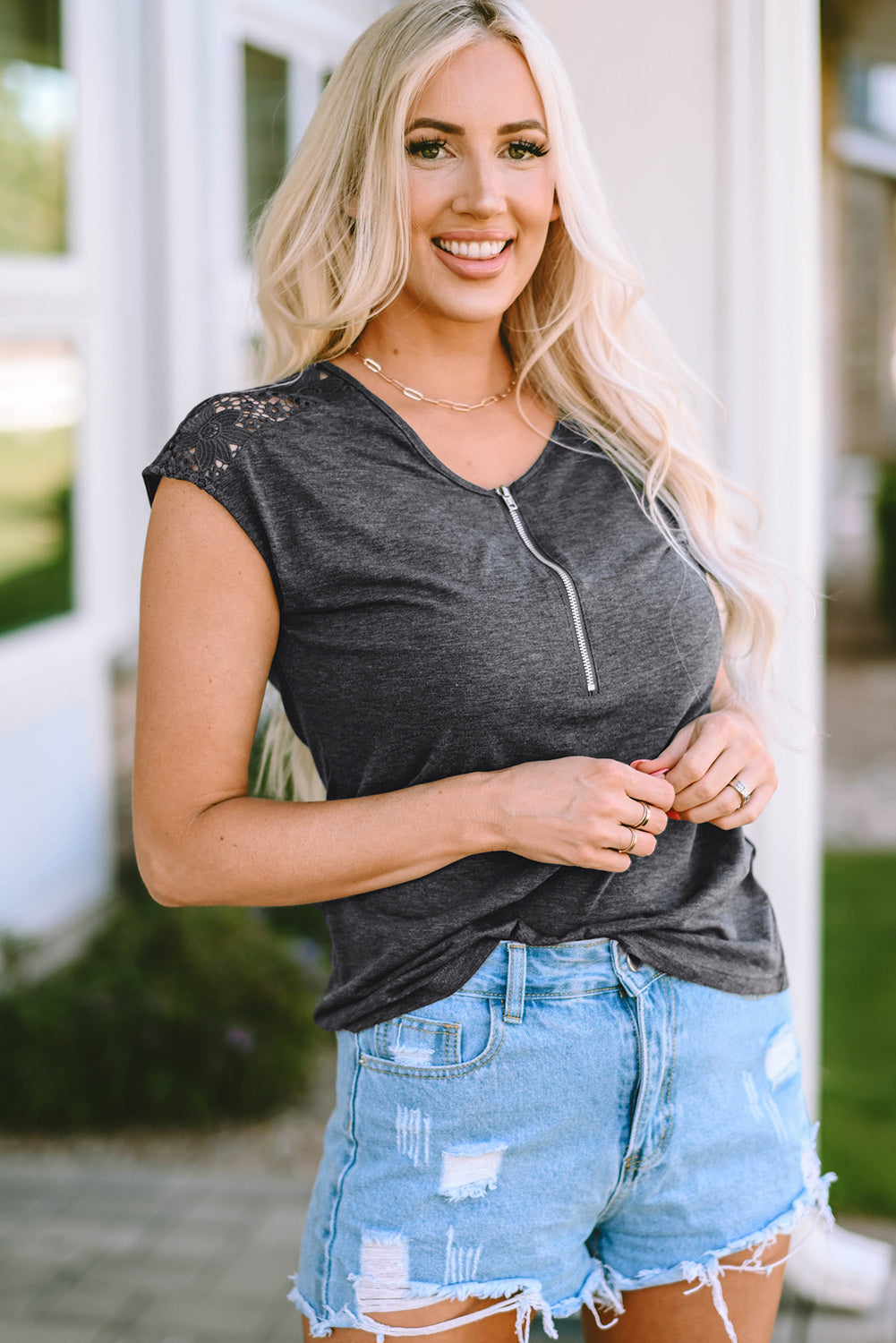 Gray Zip Neck Lace Splicing Tee