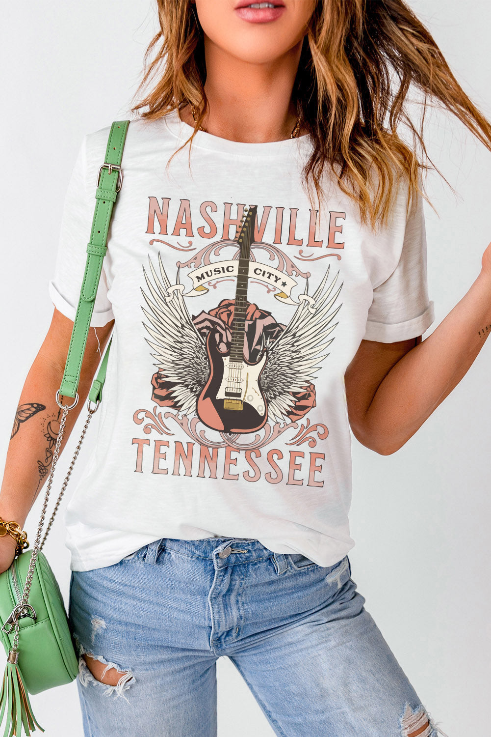 White Dreamy Music City Guitar Graphic Print Tee