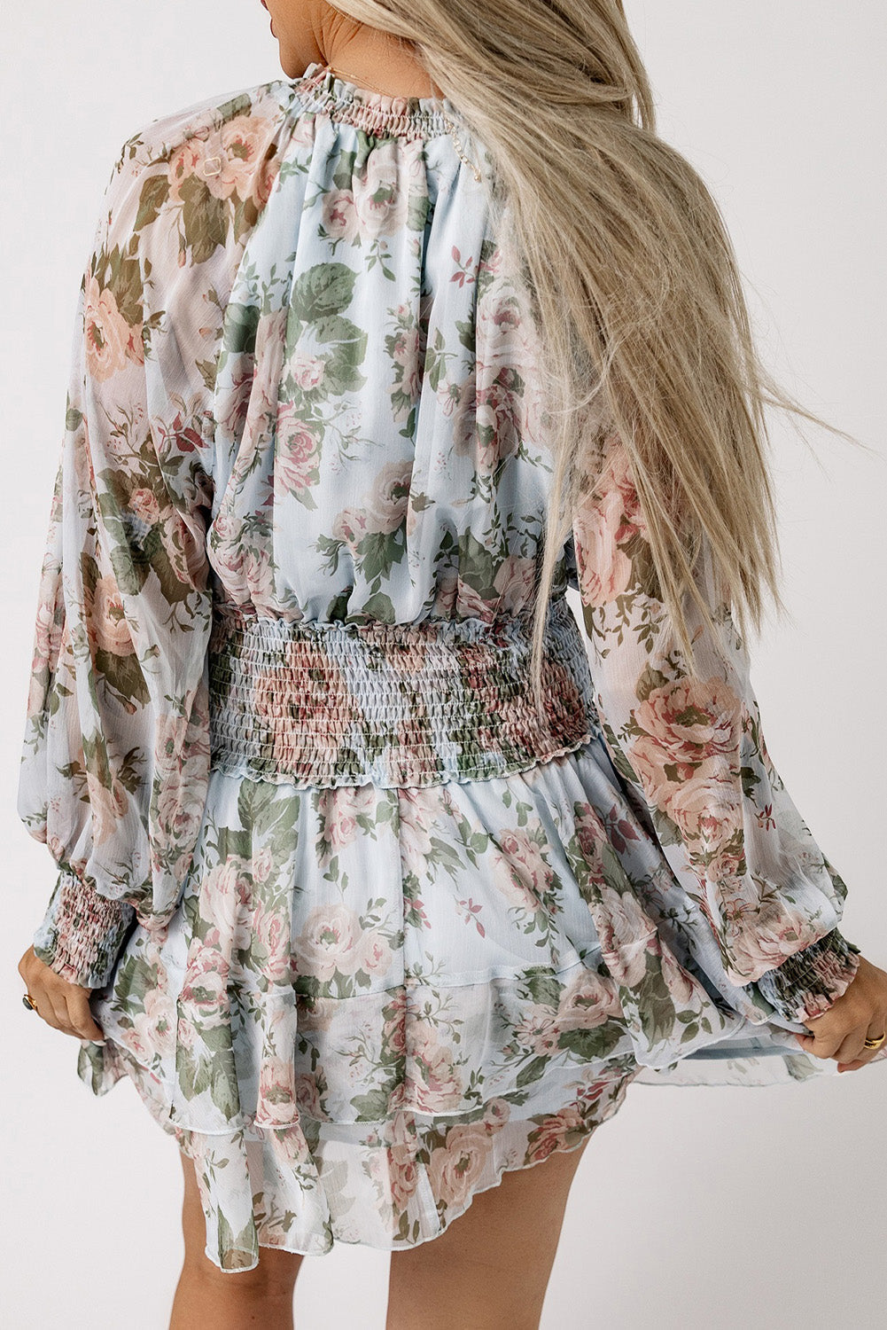 Green Floral Print Tiered Ruffled Shirred High Waist Mini Dress