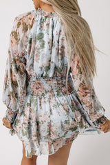 Green Floral Print Tiered Ruffled Shirred High Waist Mini Dress