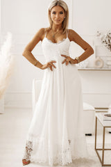 White Spaghetti Strap Backless Contrast Lace Wedding Dress