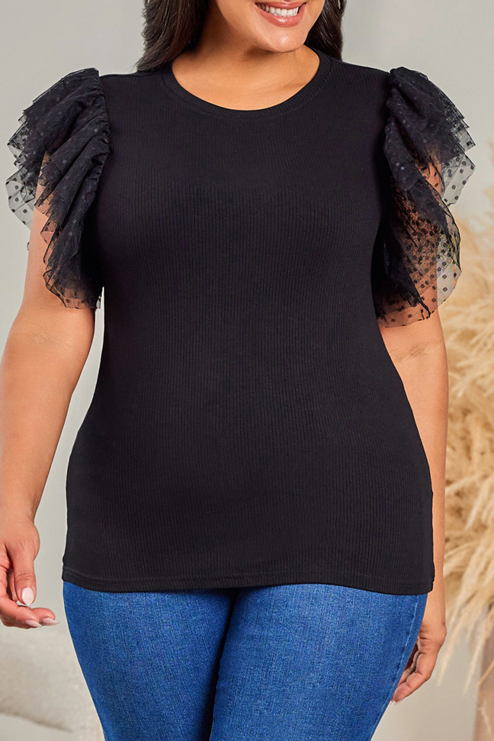 Black Dotty Mesh Ruffle Sleeve Ribbed Knit Babydoll Mini Dress