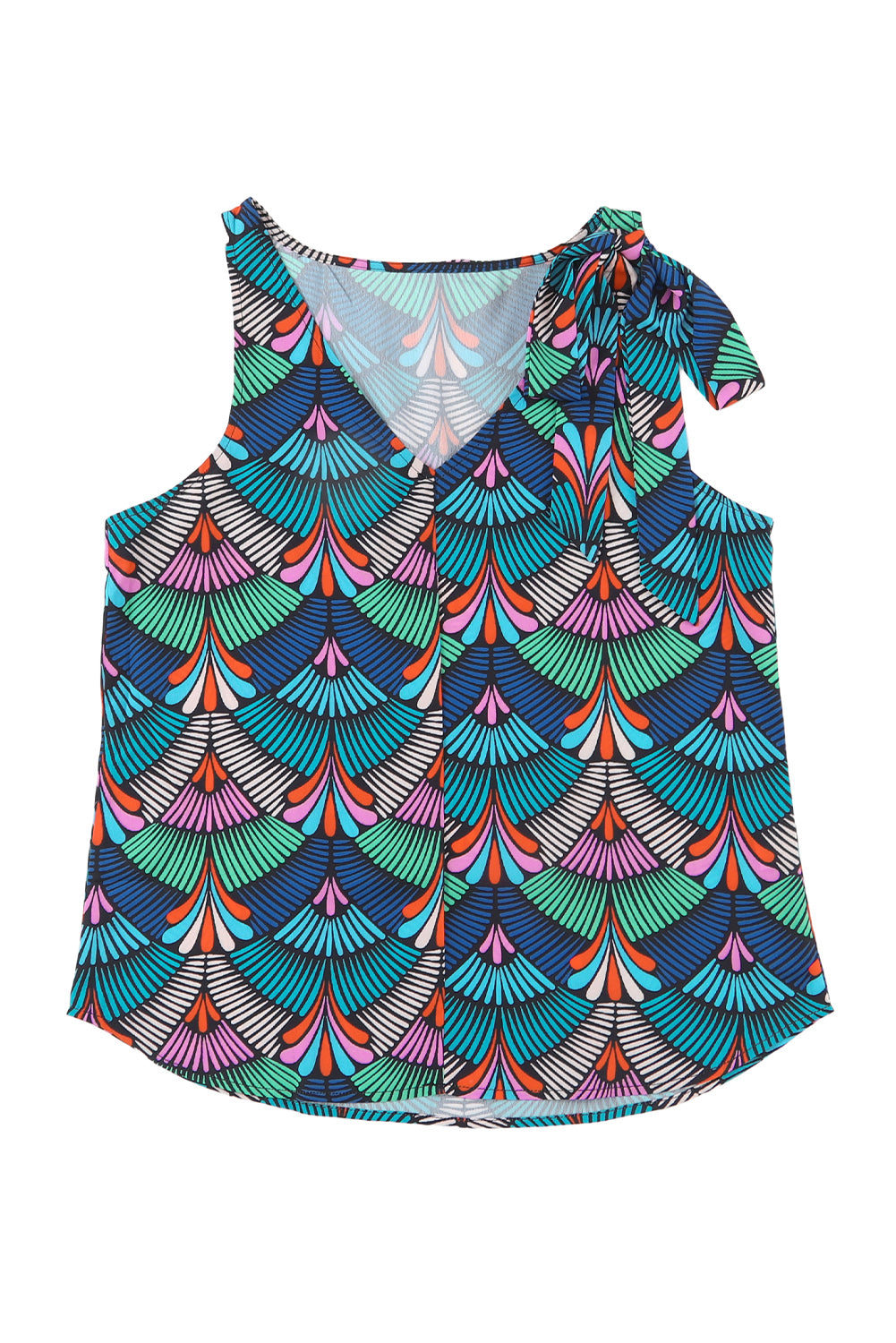 Blue Printed Knotted Shoulder Tank Top