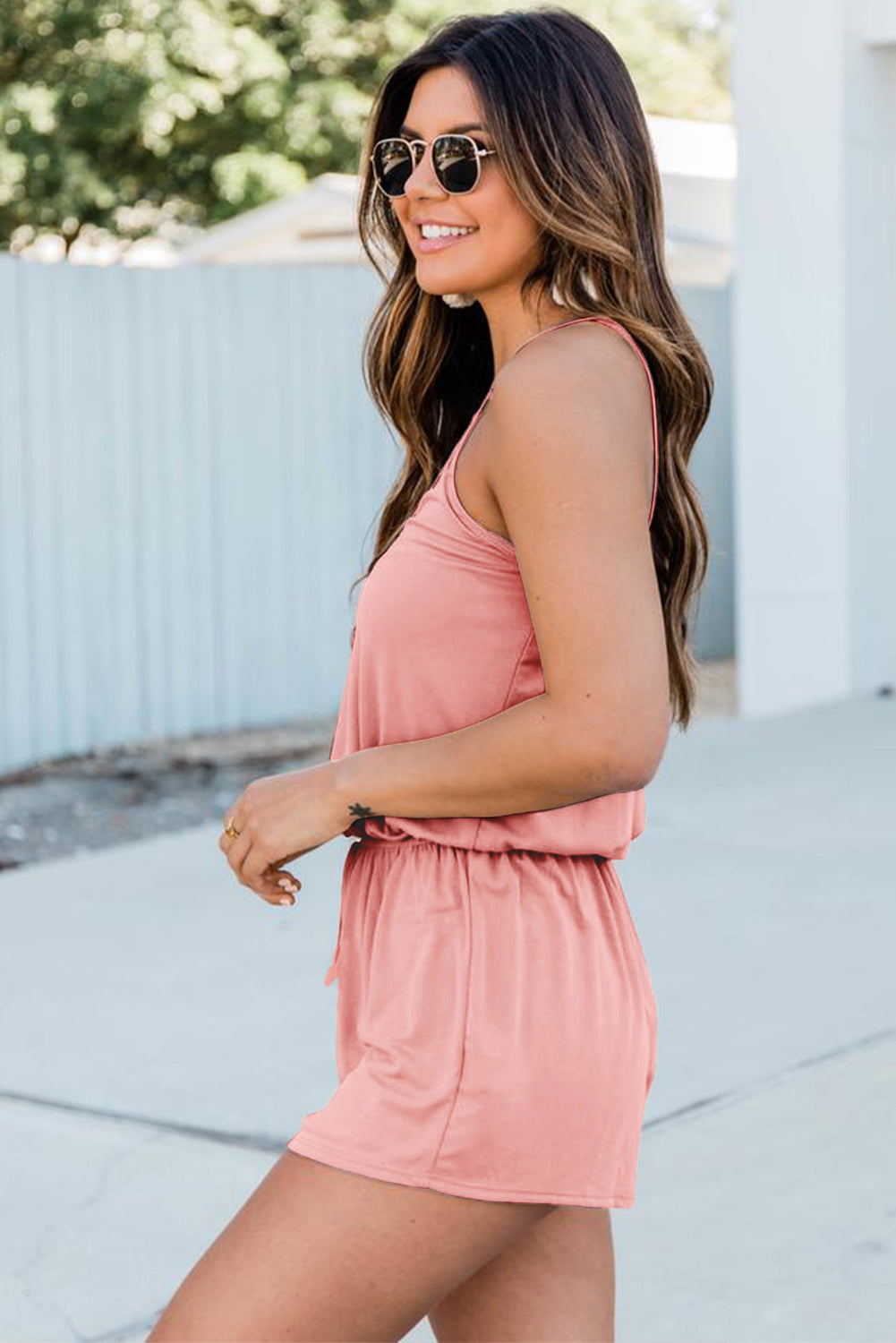 Pink Spaghetti Straps V Neck Crisscross Back Romper