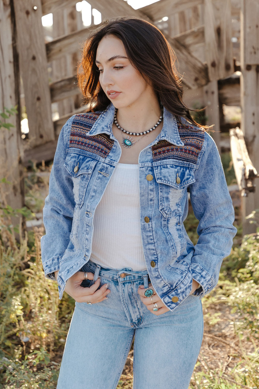 Sky Blue Distressed Tribal Patch Denim Jacket