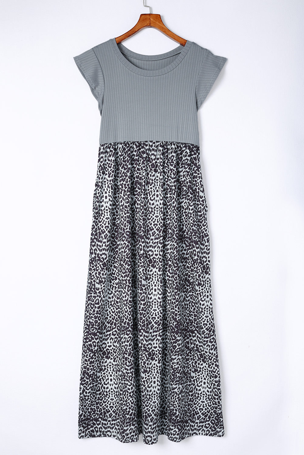 Gray Leopard Patchwork Ribbed Maxi Dress with Pockets