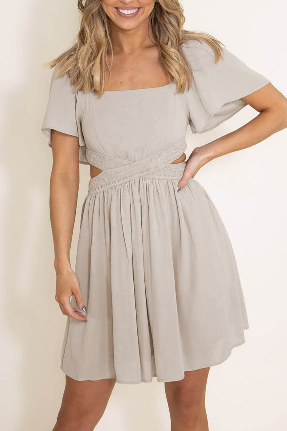 Beige Fake Two-Piece Cutout Ruffle Flowy Dress