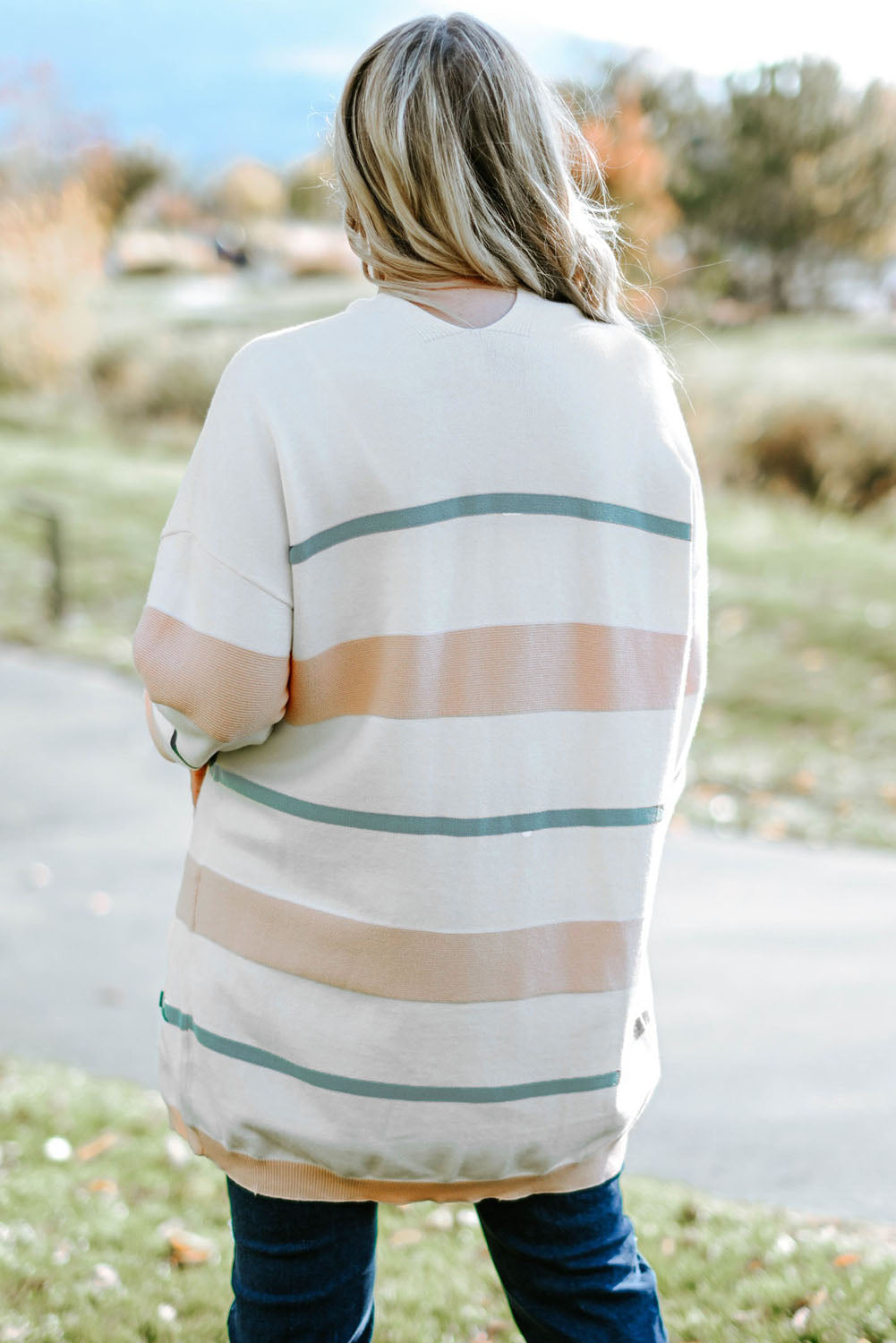 White Striped Knit Side Pockets Plus Size Cardigan